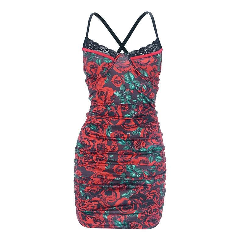 Floral Print Lace Trim Spaghetti Strap Ruched Bodycon Mini Dress