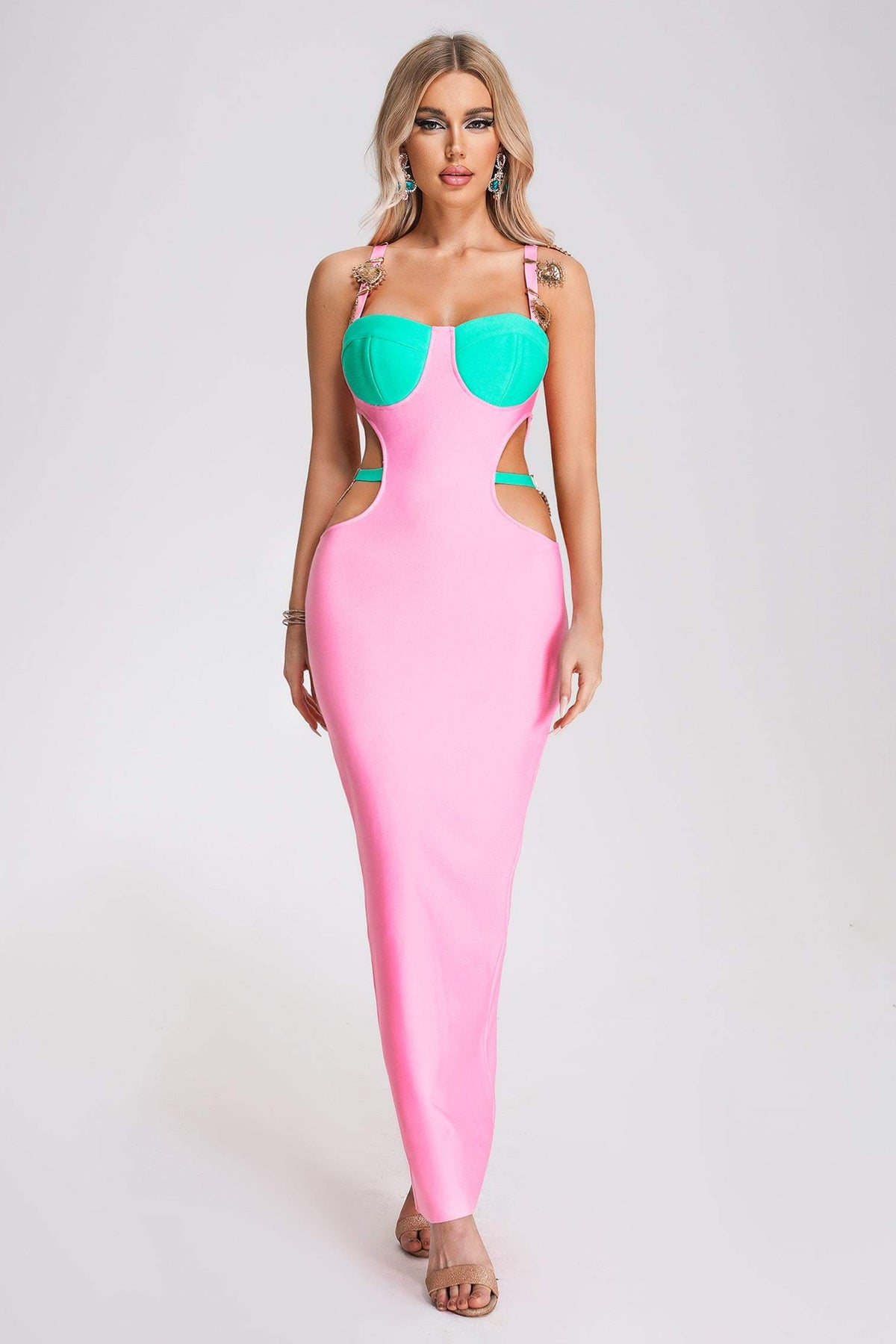 Contrast Cup Bandage Cut Out Embellished Strap Bodycon Maxi Dress
