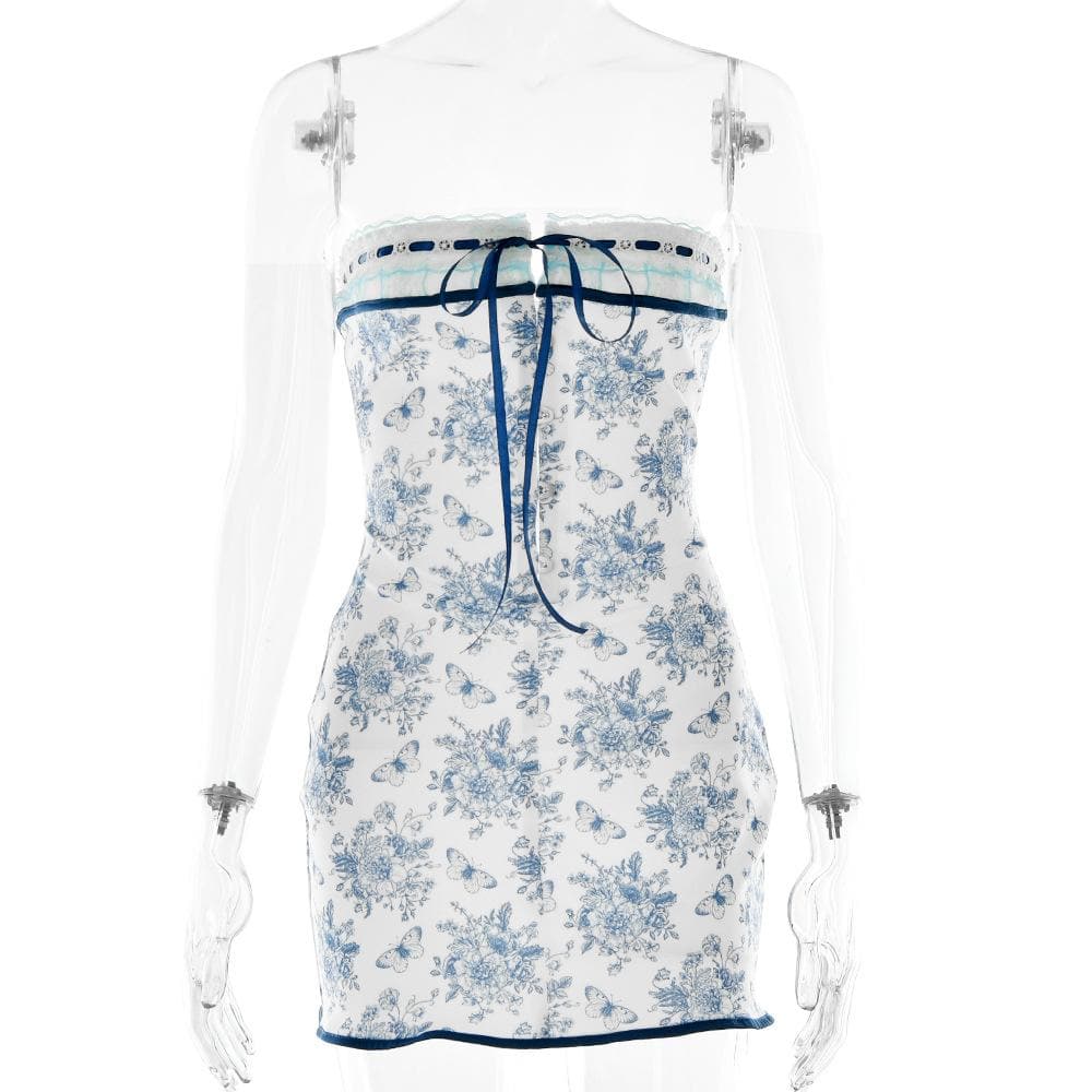 Floral Print Lace Trim Strapless Lace Up Bodycon Mini Dress