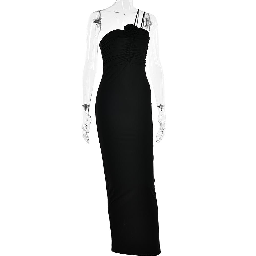 Flower applique solid one shoulder ruched zip-up maxi dress - View 5