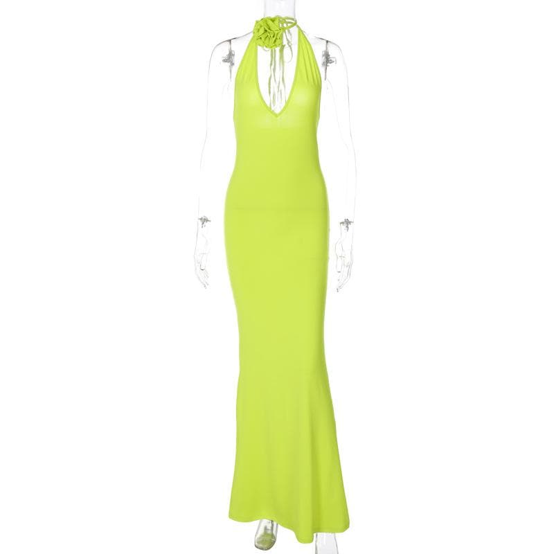 Deep V-Neck Halter Backless Rosette Bodycon Maxi Dress