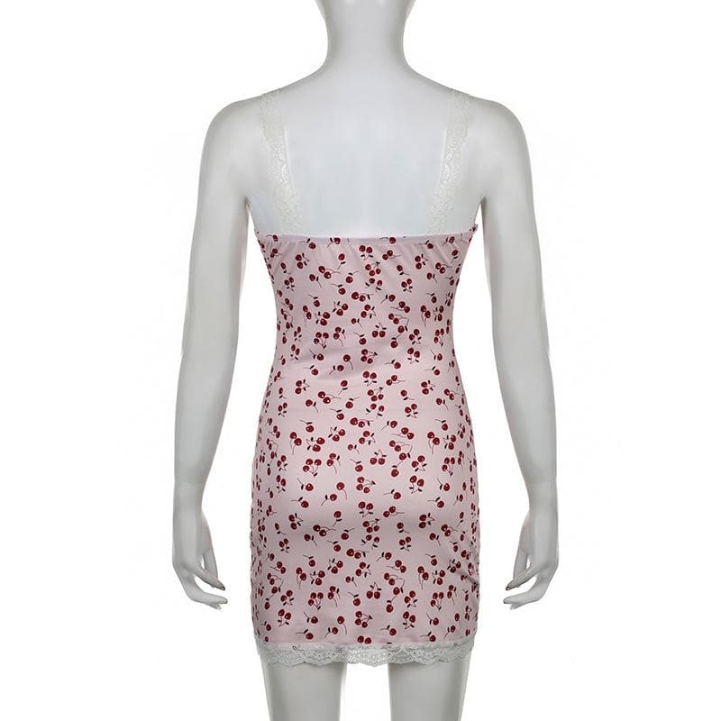 Cherry print contrast lace hem v neck sleeveless mini dress - View 4