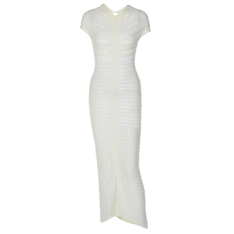 Short Sleeve Open Knit Pointelle Striped Bodycon Maxi Dress