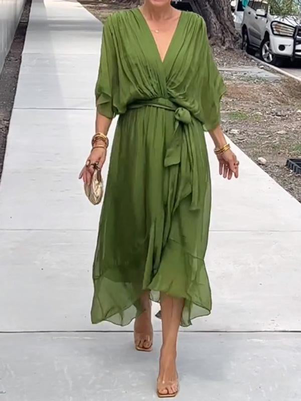 Chiffon Deep V-Neck Batwing Wrap Midi Dress