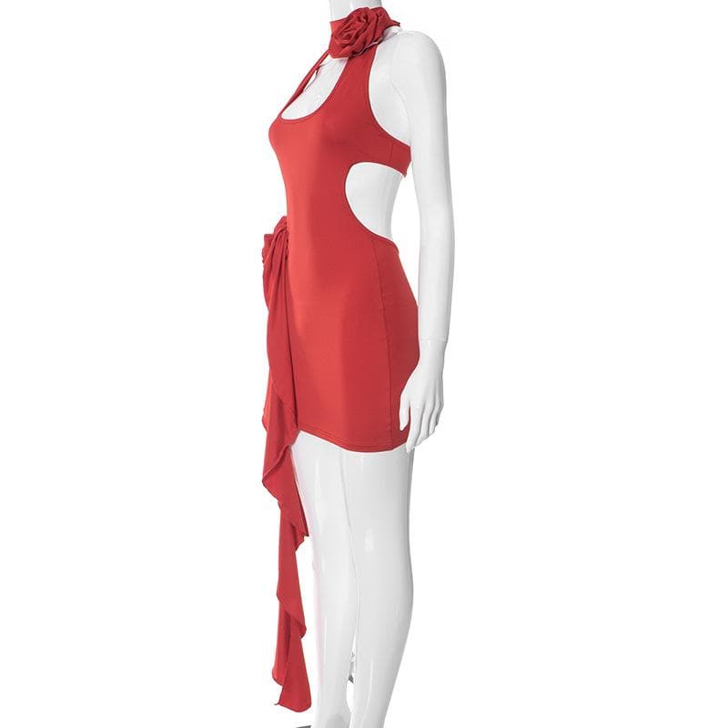 Halter Neck Cut Out 3D Rosette Ruffle Bodycon Mini Dress