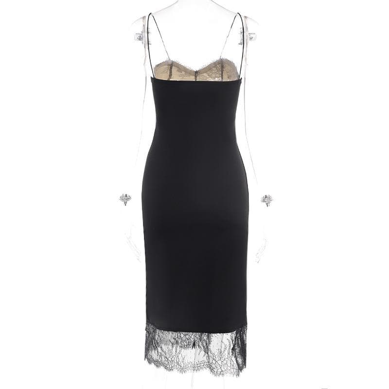 Lace patchwork contrast slit irregular midi dress - View 8