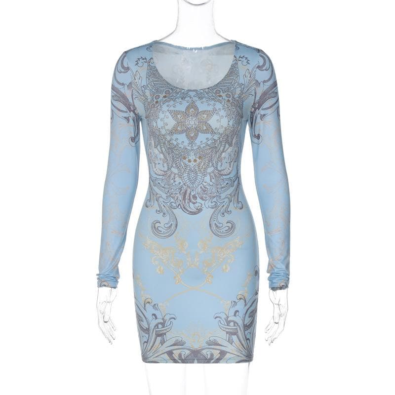 Beaded long sleeve u neck abstract contrast mini dress 3