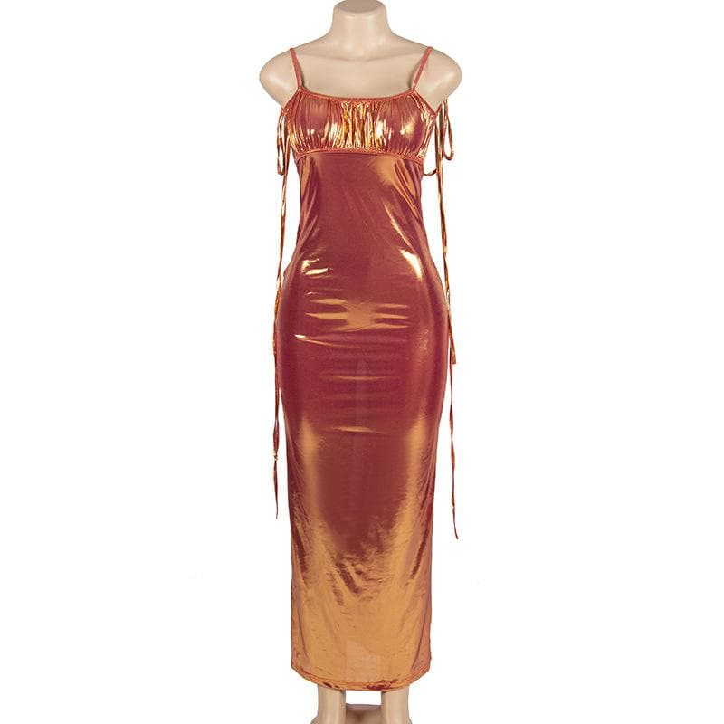 Metallic ruched backless self tie square neck maxi dress 3