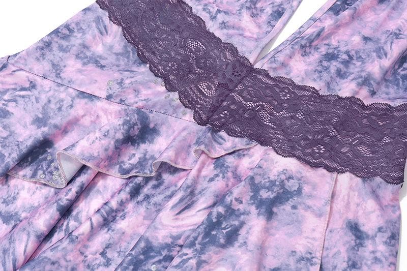 Tie Dye Halter Neck Lace Trim Ruffle Mini Dress