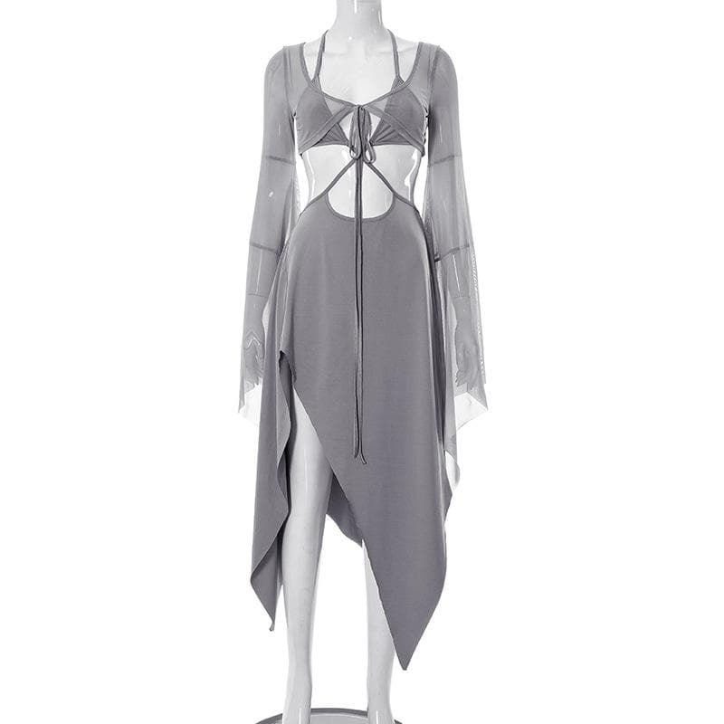 Mesh Halter Neck Flared Sleeve Cut Out High Split Midi Dress