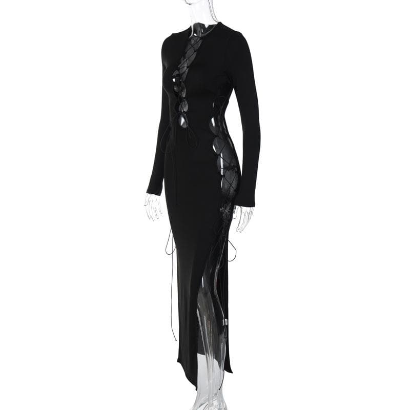Long sleeve solid hollow out slit self tie lace up midi dress 4