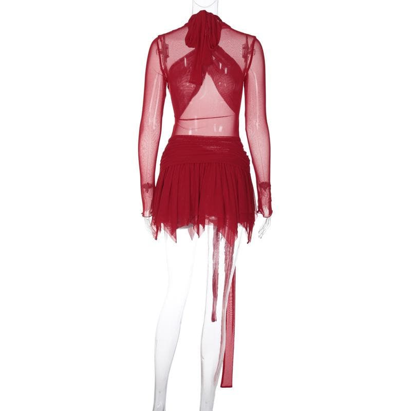 Mesh High Neck Long Sleeve Cross Front Ruffle Mini Dress