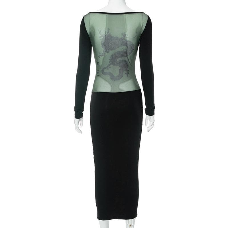 Patchwork mesh long sleeve contrast v neck midi dress 2