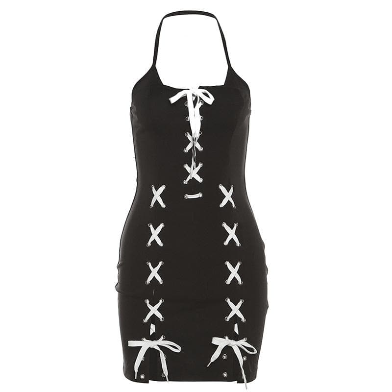 Halter Neck Lace Up Contrast Slit Bodycon Mini Dress