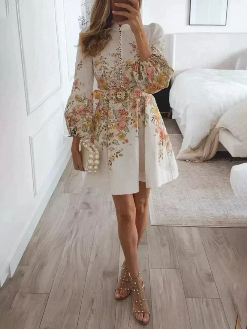 Printed Button Placket Mini Dress