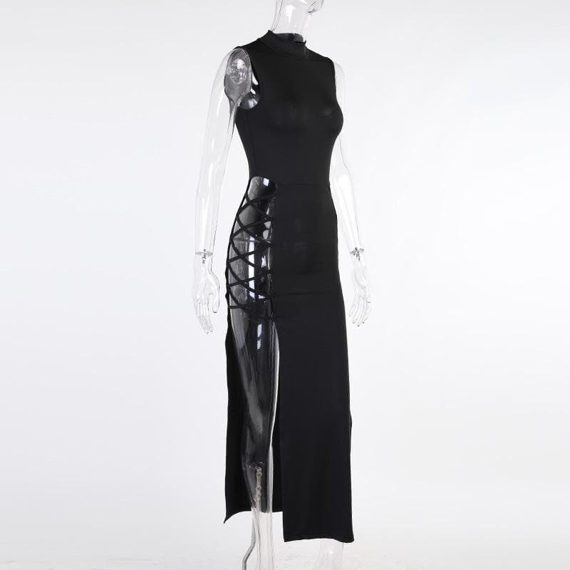 Lace Up Cut Out Mock Neck High Split Bodycon Maxi Dress