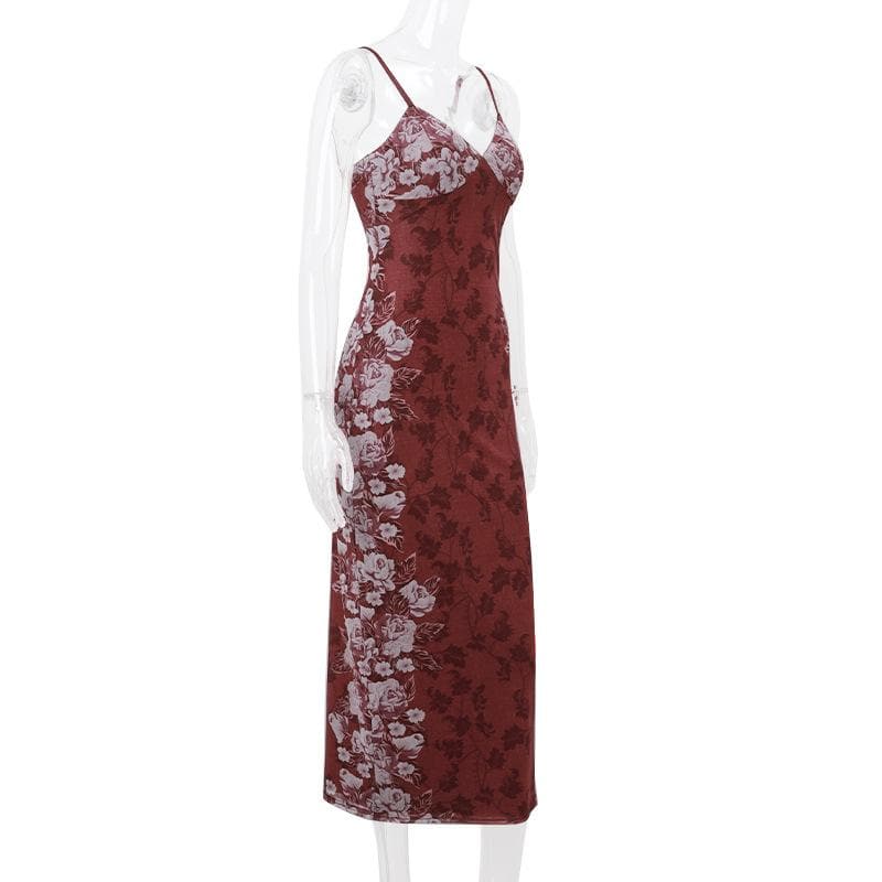 Floral Print V-Neck Spaghetti Strap Bodycon Maxi Dress