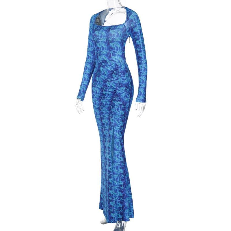 Lace up backless long sleeve slit ruched contrast print maxi dress 3