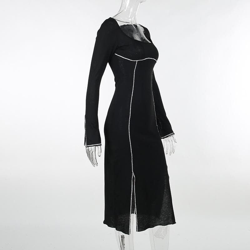 Beaded square neck slit long sleeve midi dress 3