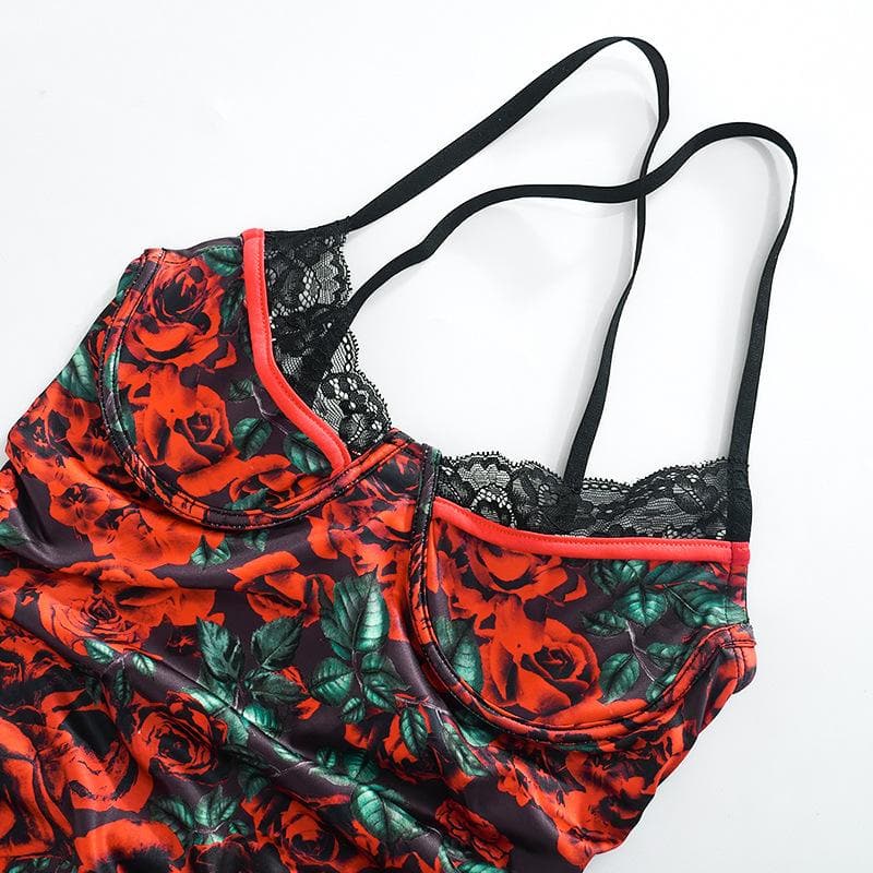 Floral Print Lace Trim Spaghetti Strap Ruched Bodycon Mini Dress