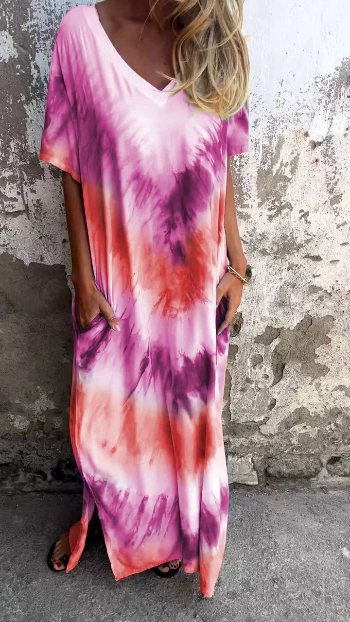 Tie Dye V-Neck Short Sleeve Pocket Maxi Dress 9