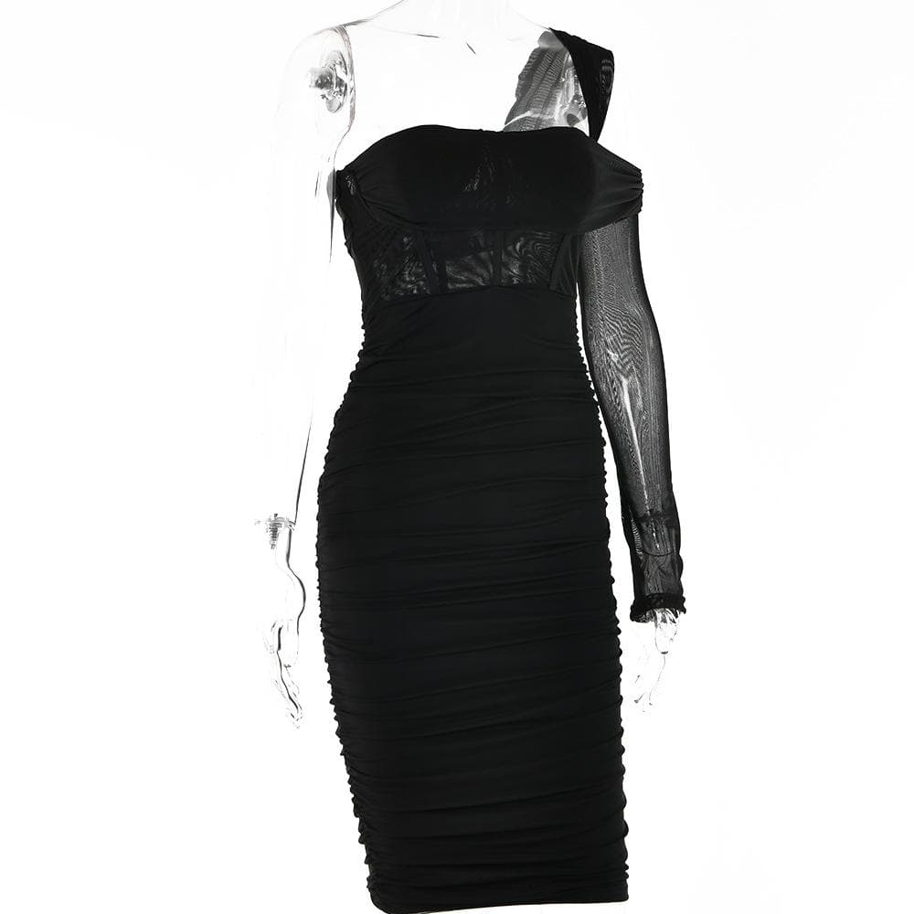 One Shoulder Single Sleeve Ruched Sheer Mesh Corset Bodycon Midi Dress 5