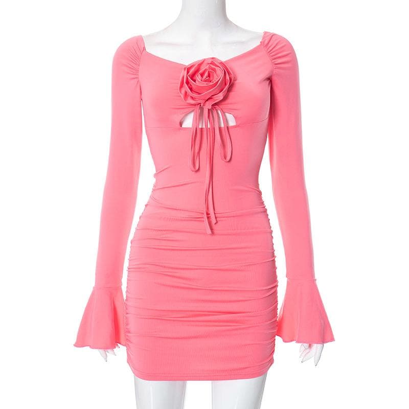 Flower Applique Off Shoulder Long Sleeve Cut Out Bodycon Mini Dress