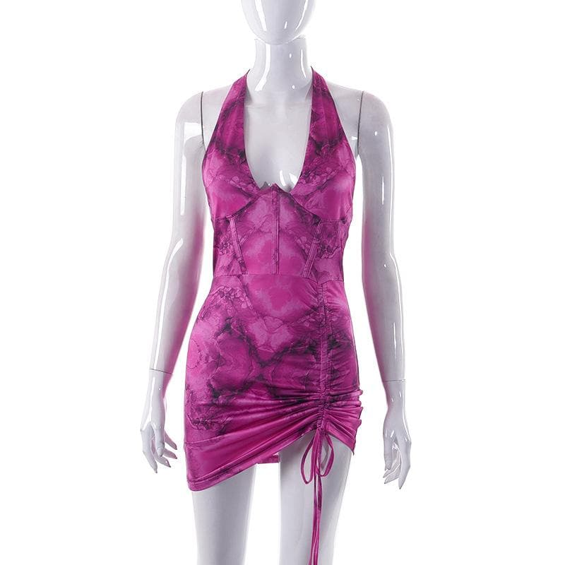 Halter Neck Corset Ruched Drawstring Backless Bodycon Mini Dress