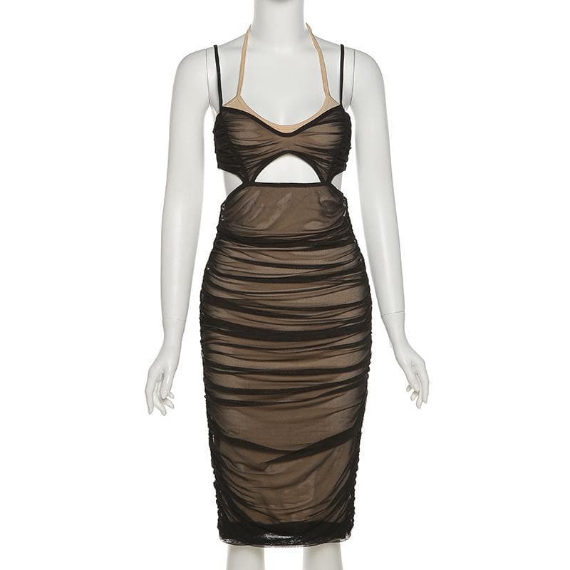Mesh Halter Neck Cut Out Ruched Bodycon Midi Dress