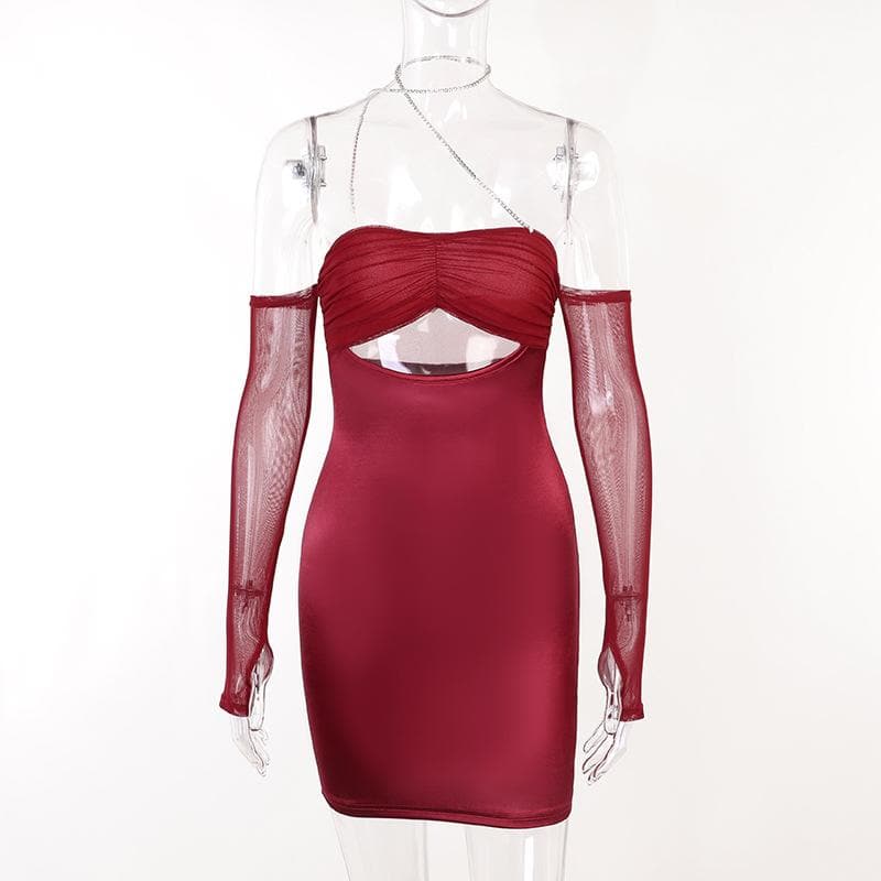 Mesh Glove Halter Neck Cut Out Ruched Bodycon Mini Dress