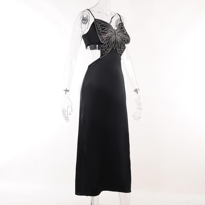 Beaded butterfly pattern zip-up hollow out satin slit midi dress - View 3
