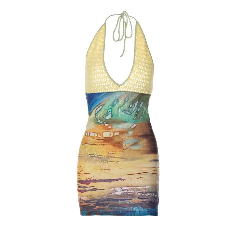 Contrast Print Knit Halter Neck Bodycon Mini Dress