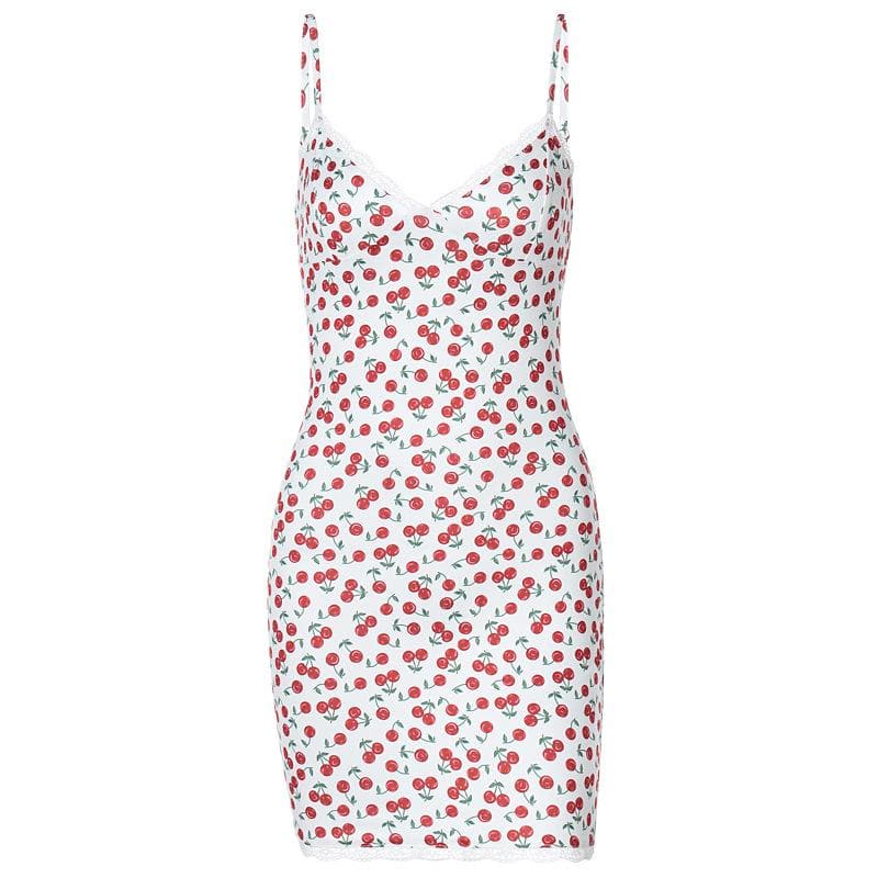 Cherry print v neck lace hem contrast cami mini dress - View 2