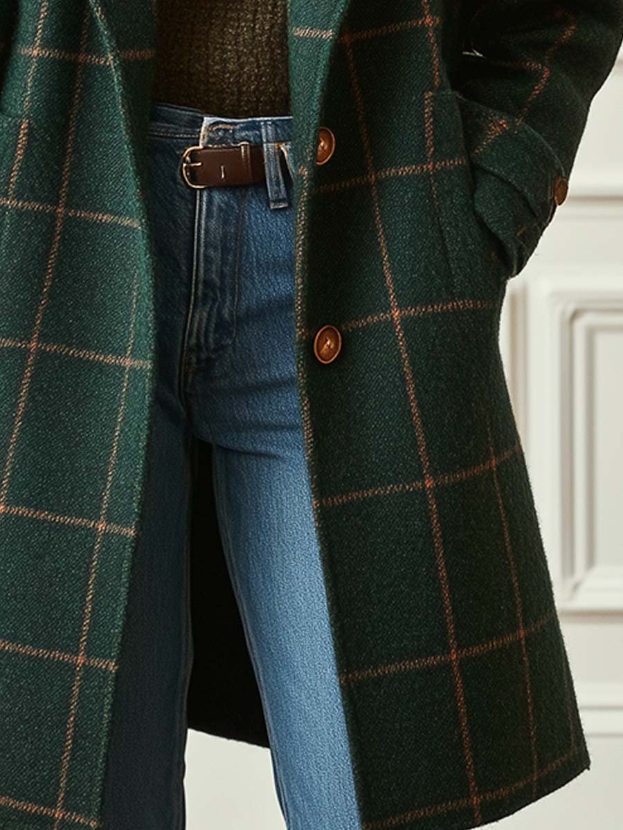 Windowpane Check Double Breasted Wool Look Coat