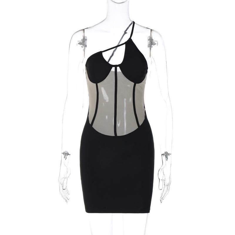 Mesh One Shoulder Cut Out Corset Bodycon Mini Dress