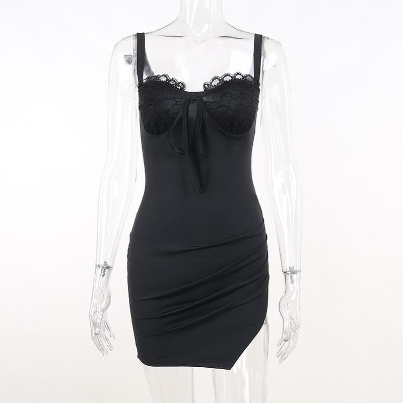 Ruched solid sleeveless lace slit self tie backless mini dress 3