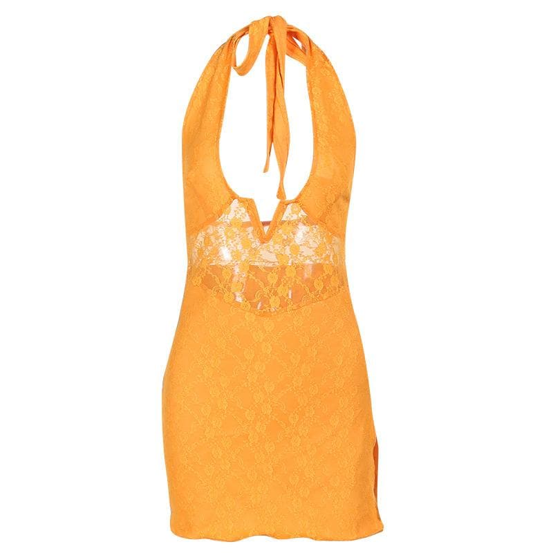 Lace Halter Deep V-Neck High Split Mini Dress