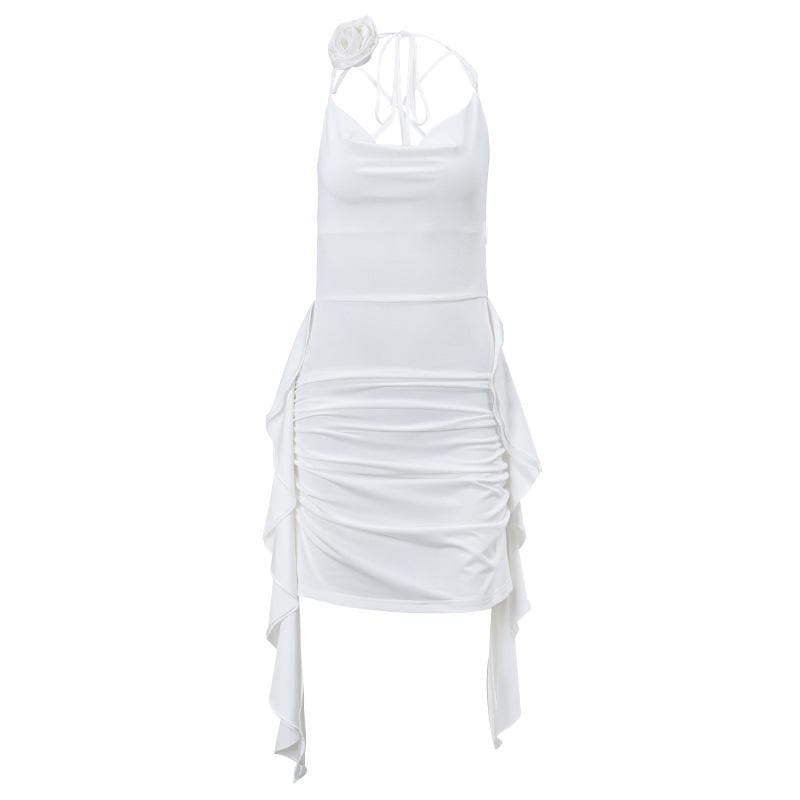 Rosette Cowl Neck Spaghetti Strap Ruched High Low Mini Dress