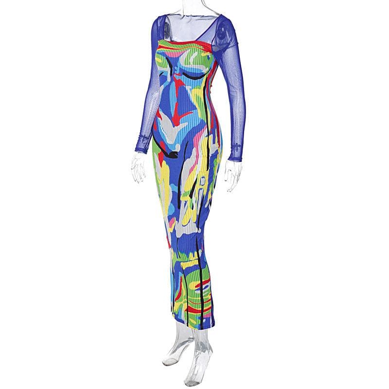 Long sleeve contrast abstract mesh midi dress 4