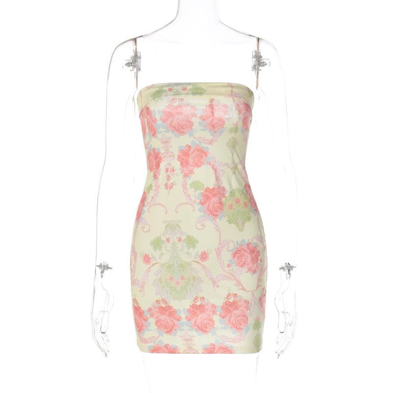 Contrast flower print backless tube dress