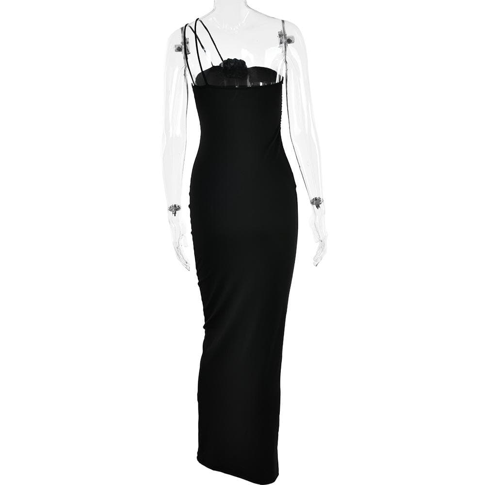 Flower applique solid one shoulder ruched zip-up maxi dress - View 10