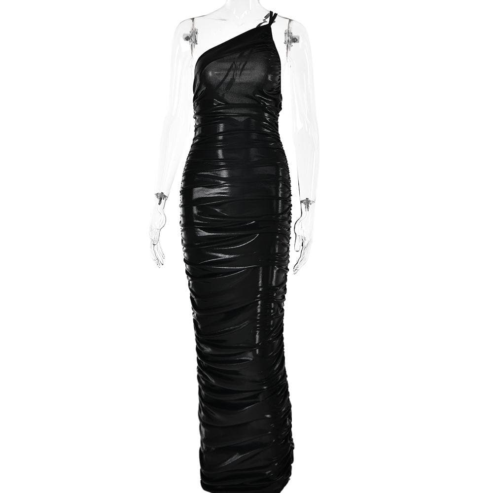 Metallic One Shoulder Sleeveless Ruched Bodycon Maxi Dress 4
