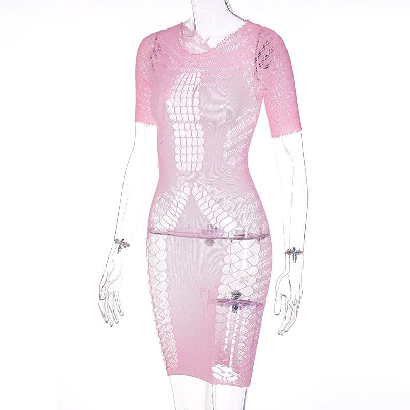Fishnet Cut Out Crew Neck Short Sleeve Sheer Bodycon Mini Dress 2