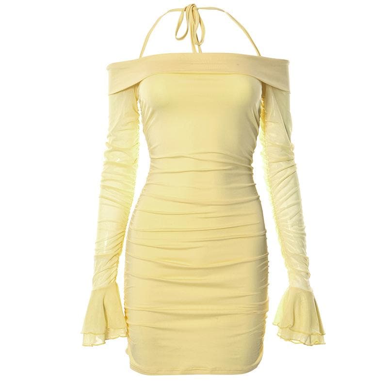 Off Shoulder Halter Neck Long Sleeve Mesh Ruched Bodycon Mini Dress