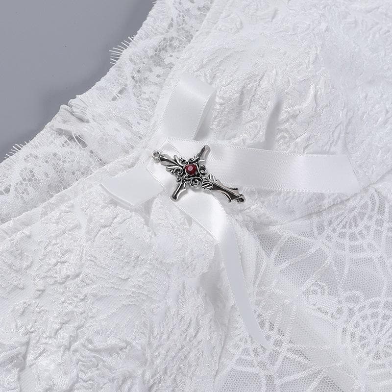 Floral Lace Off Shoulder Short Sleeve Bow Front Fit and Flare Mini Dress 5