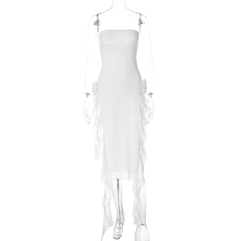 Flower Applique Strapless Backless High Split Maxi Dress - View 3