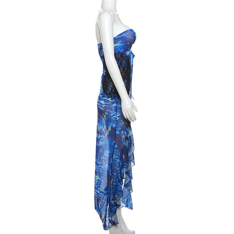 Mesh see through hollow out o ring contrast print ruffle maxi dress 3