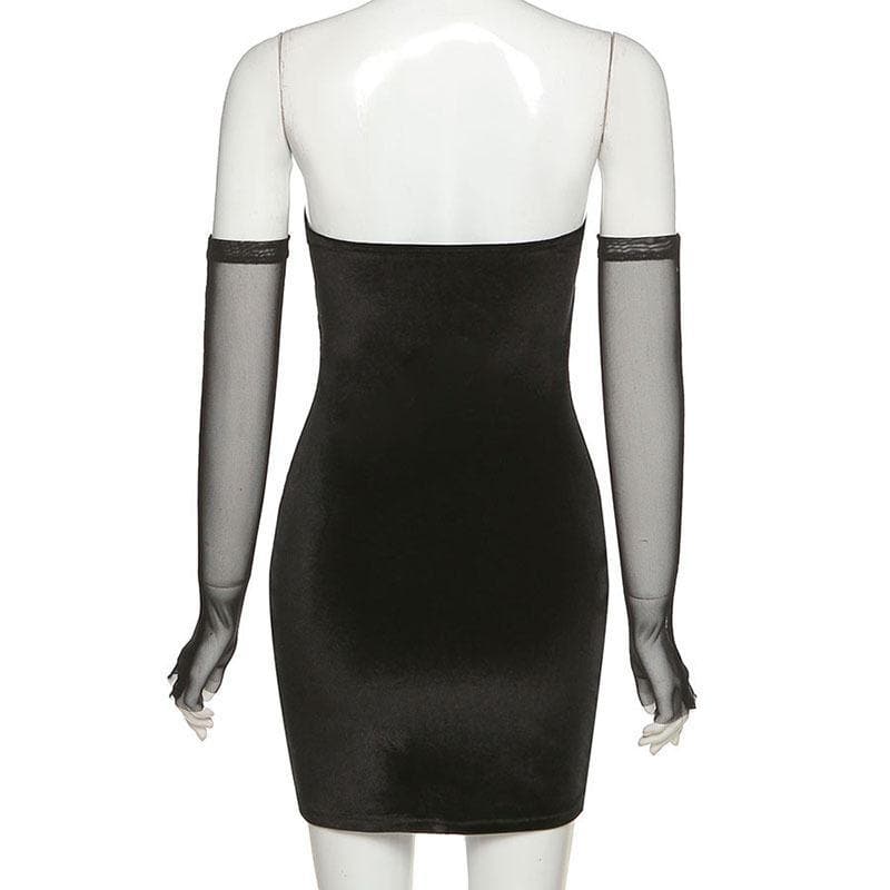 Velvet Strapless Sweetheart Bodycon Mini Dress and Mesh Gloves Set