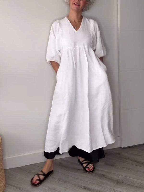 Linen V-Neck Puff Sleeve Pocket Midi Dress 2