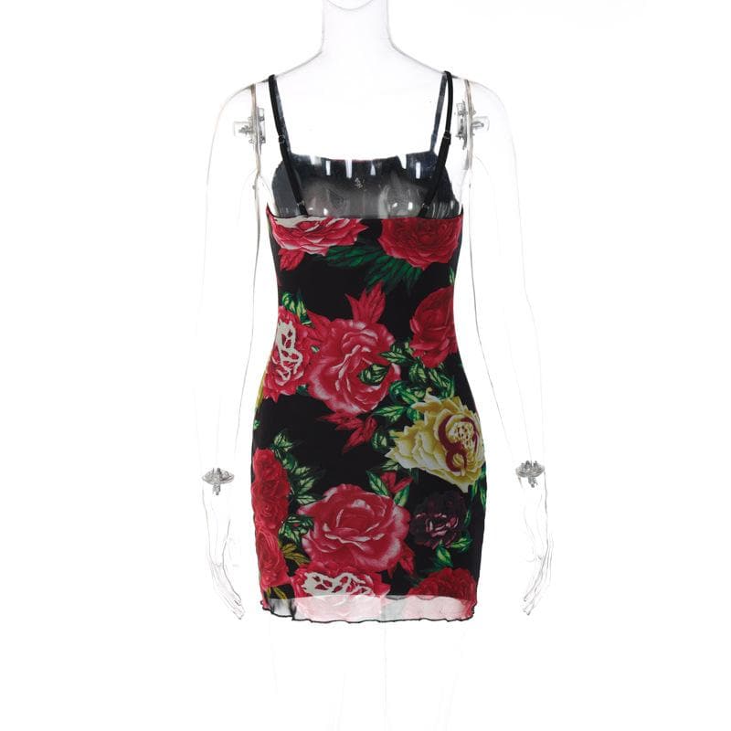 Rose Floral Print Square Neck Spaghetti Strap Bodycon Mini Dress